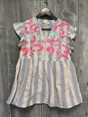 entro Striped Blue & White V-Neck Top with Pink Floral Embroidery